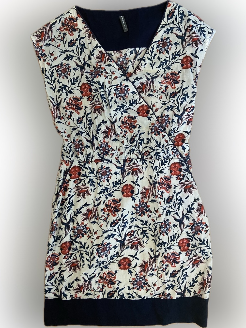 NAF NAF Cream Floral Midi Dress with Navy and Red Accents